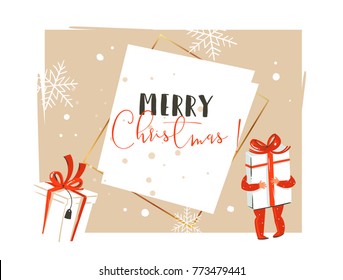 Hand drawn vector abstract Merry Christmas and Happy New Year time vintage cartoon illustrations greeting card header template with little boy kid who holding big gift box isolated on white background