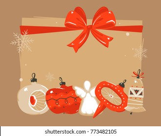 Hand drawn vector abstract Merry Christmas and Happy New Year time cartoon illustrations greeting header template with xmas tree bauble toys and place for your text isolated on brown background.