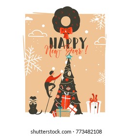 Hand drawn vector abstract Merry Christmas and Happy New Year time vintage cartoon illustrations greeting card template with family people and pet dog decorated xmas tree isolated on white background.