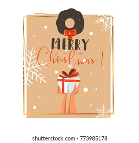 Hand drawn vector abstract Merry Christmas and Happy New Year time retro cartoon illustrations greeting card with people hands who holding surprise gift box and mistletoe isolated on white background.