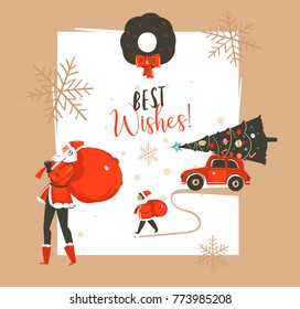Hand drawn vector abstract Merry Christmas and Happy New Year time vintage cartoon illustrations greeting card template with Santa Claus family people walkin and red car isolated on white background.