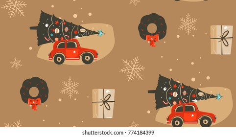 Hand drawn vector abstract Merry Christmas and Happy New Year time cartoon illustrations greeting seamless pattern with xmas tree,car and surprise gift boxes isolated on brown background.