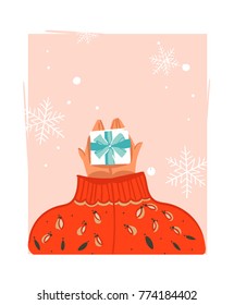 Hand drawn vector abstract Merry Christmas time cartoon illustration card with people in cozy sweater who gives surpsise gift box and place for your text isolated on pink pastel background.