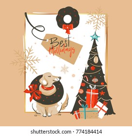 Hand drawn vector abstract Merry Christmas and Happy New Year time vintage cartoon illustrations greeting card template with labrador dog and decorated xmas tree isolated on brown background.