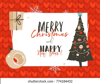 Hand drawn vector abstract Merry Christmas and Happy New Year time cartoon illustrations greeting card template tag with surprise gift boxes and xmas tree isolated on white background.