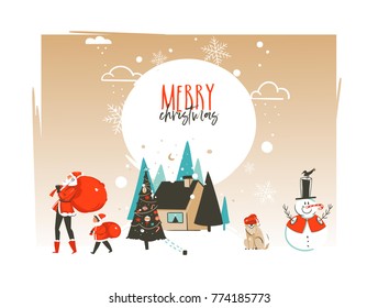 Hand drawn vector abstract Merry Christmas and Happy New Year time cartoon illustrations greeting card template with outdoor landscape,house and Santa Claus family isolated on white background.
