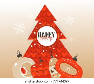 Hand drawn vector abstract Merry Christmas and Happy New Year time cartoon illustrations greeting header template with xmas tree bauble toys and typography text isolated on brown background.