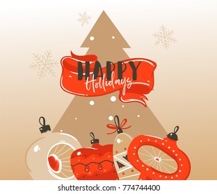Hand drawn vector abstract Merry Christmas and Happy New Year time cartoon illustrations greeting header template with xmas tree bauble toys and typography text isolated on brown background.