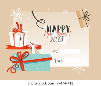 Hand drawn vector abstract Merry Christmas and Happy New Year time vintage cartoon illustrations greeting card template with surprise gift boxes and place for your text isolated on white background.