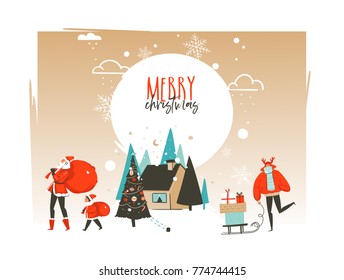 Hand drawn vector abstract Merry Christmas and Happy New Year time cartoon illustrations greeting card template with outdoor landscape,house and Santa Claus family isolated on white background.