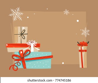 Hand drawn vector abstract Merry Christmas and Happy New Year time vintage cartoon illustrations greeting card template with surprise gift boxes and place for your text isolated on brown background.