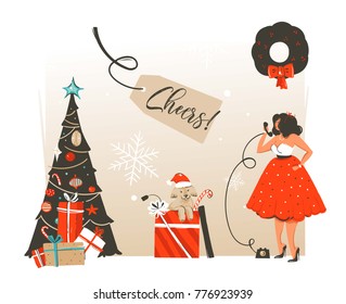 Hand drawn vector abstract Merry Christmas and Happy New Year time retro vintage cartoon illustration greeting card with beautuful woman in dress and dog in gift box isolated on white background.