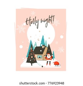Hand drawn vector abstract Merry Christmas and Happy New Year time cartoon illustrations greeting card template with outdoor landscape,house and Santa Claus isolated on white background.