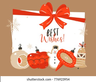 Hand drawn vector abstract Merry Christmas and Happy New Year time cartoon illustrations greeting header template with xmas tree bauble toys and Best Wishes text isolated on white background.