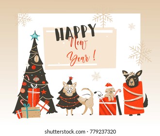 Hand drawn vector abstract Merry Christmas and Happy New Year cartoon illustrations greeting card with xmas decorated tree,pet mammal dogs and modern typography isolated on white background.