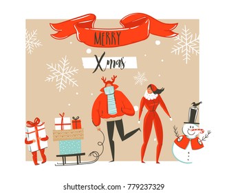 Hand drawn vector abstract Merry Christmas and Happy New Year time cartoon illustrations greeting card with outdoor family people group,snowman and modern typography isolated on white background.