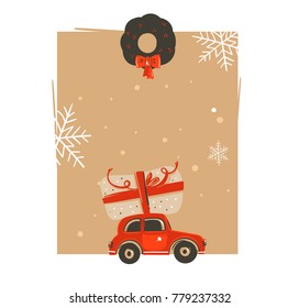 Hand drawn vector abstract Merry Christmas and Happy New Year time vintage cartoon illustrations greeting card tag template with car and surprise christmas box isolated on white background.