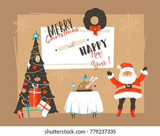 Hand drawn vector abstract Merry Christmas and Happy New Year cartoon illustrations greeting card with xmas decorated tree,Santa Claus and holiday dinner table isolated on craft paper background.