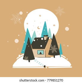 Hand drawn vector abstract Merry Christmas and Happy New Year time cartoon illustrations greeting card template with outdoor landscape,house and snowfall isolated on brown background.