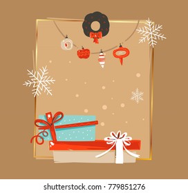 Hand drawn vector abstract Merry Christmas and Happy New Year time vintage cartoon illustrations greeting card tag template with xmas tree bauble garland and surprise box isolated on brown background.