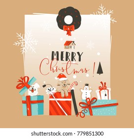 Hand drawn vector abstract Merry Christmas and Happy New Year time vintage cartoon illustrations greeting card template with pet dogs in surprise gift box isolated on white background.