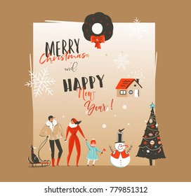 Hand drawn vector abstract Merry Christmas and Happy New Year time vintage cartoon illustrations greeting card template with people family walkin,dog and snowman isolated on craft paper background.