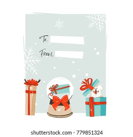 Hand drawn vector abstract Merry Christmas and Happy New Year time cartoon illustrations greeting card tag template with big gift boxes,snow globe sphere and pet dog isolated on white background.