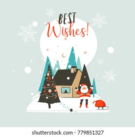 Hand drawn vector abstract Merry Christmas and Happy New Year time cartoon illustrations greeting card template with outdoor landscape,house and Santa Claus isolated on white background.