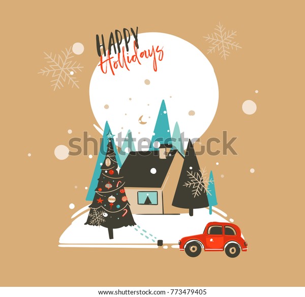 Hand drawn vector abstract Merry Christmas\
and Happy New Year time cartoon illustrations greeting card\
template with outdoor landscape,house and snowfall isolated on\
brown background.