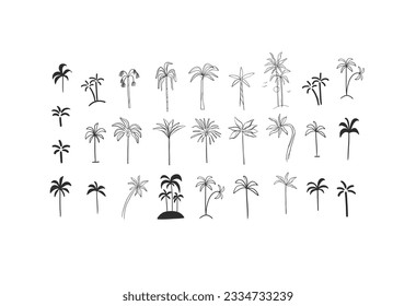 Hand drawn vector abstract minimalistic line art graphic drawing tropical exotic nature palm tree set icon sign collection isolated.Summer travel jungle design concept.Summer tropical tree logo set.