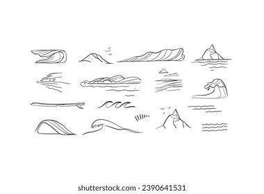 Hand drawn vector abstract minimalistic line art graphic drawing tropical exotic nature ocean waves set icon sign collection isolated.Summer travel beach design concept.Summer tropical wave logo set.