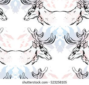 Hand drawn vector abstract mirror Christmas seamless pattern with graphic reindeer in pastel colors isolated on white background.Winter holidays pattern concept.Christmas fashion pattern.