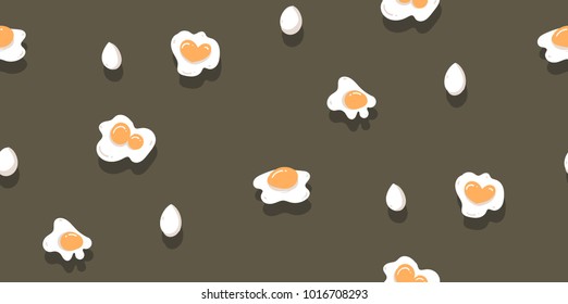 Hand drawn vector abstract modern cartoon cooking time fun illustrations icons seamless pattern with eggs and yolk isolated on dark background.