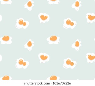 Hand drawn vector abstract modern cartoon cooking time fun illustrations icons seamless pattern with eggs and yolk isolated on blue background.