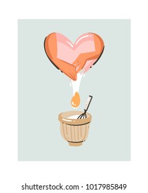 Hand drawn vector abstract modern cartoon cooking time fun illustrations icon with cooking woman preparing hands,eggs and pot label isolated on white background.