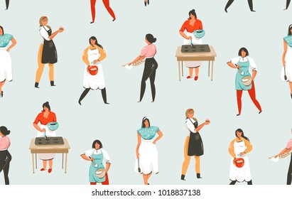 Hand drawn vector abstract modern cartoon cooking time fun illustrations seamless pattern with cooking chef women in white aprons preparing cookies and food isolated on blue background.