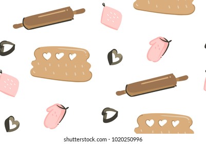 Hand drawn vector abstract modern cartoon cooking time fun illustrations icons seamless pattern with cooking equipment,cakes and food isolated on white background.