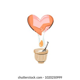 Hand drawn vector abstract modern cartoon cooking time fun illustrations icon with cooking woman preparing hands,eggs and pot label isolated on white background.