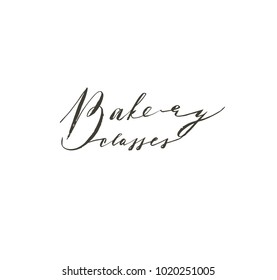 Hand drawn vector abstract modern cooking time handwritten ink textured calligraphy logo,label or sign with Bakery classes text isolated on white background.