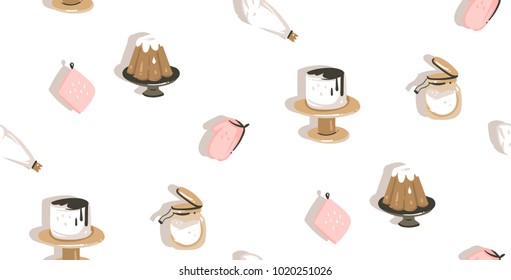 Hand drawn vector abstract modern cartoon cooking time fun illustrations icons seamless pattern with cooking equipment,cakes and food isolated on white background.
