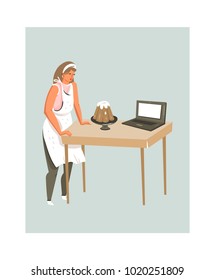 Hand drawn vector abstract modern cartoon cooking time fun illustrations icon with cooking food blogger woman in apron isolated on white background.