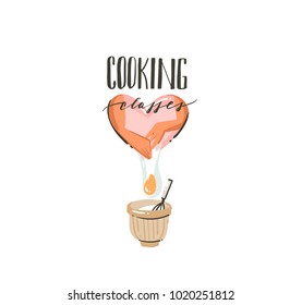 Hand drawn vector abstract modern cartoon cooking time illustrations icon with cooking woman preparing hands,eggs,pot and handwritten calligraphy text Cooking classes isolated on white background.