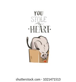 Hand drawn vector abstract modern cartoon Happy Valentines day concept illustrations card with cute cat and handwritten modern ink calligraphy text You stole my heart isolated on white background.