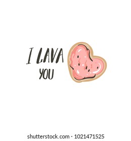 Hand drawn vector abstract modern cartoon Happy Valentines day concept illustrations card with cookies and handwritten modern ink calligraphy text I lava you isolated on white background.