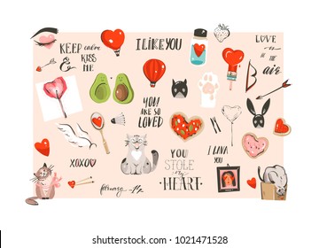 Hand drawn vector abstract modern cartoon Happy Valentines day concept illustrations collection set with cute cats and handwritten modern ink calligraphy text isolated on white background.