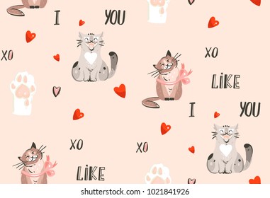 Hand drawn vector abstract modern cartoon Happy Valentines day concept illustrations seamless pattern with cute cats,paws,handwritten calligraphy and many hearts isolated on pastel pink background.