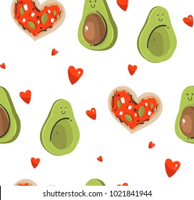 Hand drawn vector abstract modern cartoon Happy Valentines day concept illustrations seamless pattern with cute avocado couple,heart shape pizza nad many hearts isolated on white background.