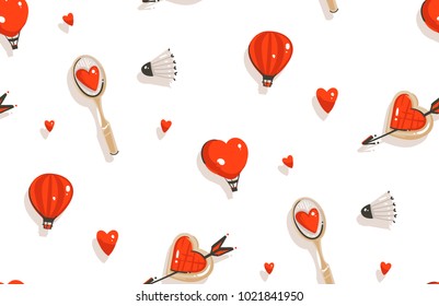 Hand drawn vector abstract modern cartoon Happy Valentines day concept illustrations seamless pattern with badminton racket,cookies,hot air balloons and many hearts isolated on white background.