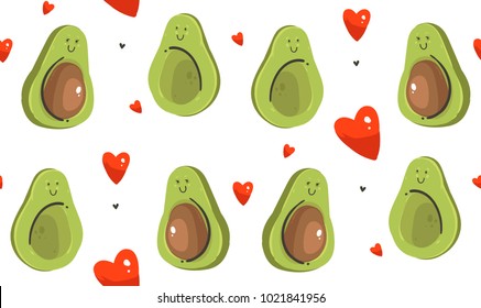 Hand drawn vector abstract modern cartoon Happy Valentines day concept illustrations seamless pattern with avocado couple and many hearts shape isolated on white background.