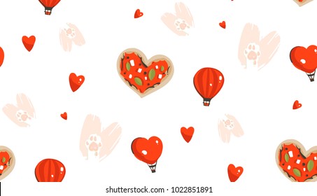 Hand drawn vector abstract modern cartoon Happy Valentines day concept seamless pattern with cute heart shape pizza,cats paws,hot air balloons and many hearts isolated on white background.
